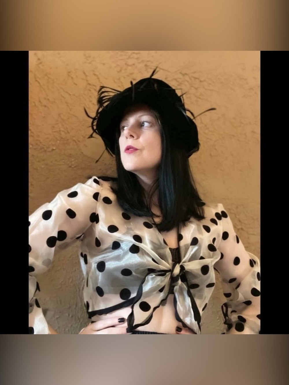 Handmade VTG Black Velvet Polka Dot Sheer  Print Pin Up Crop Top Blouse